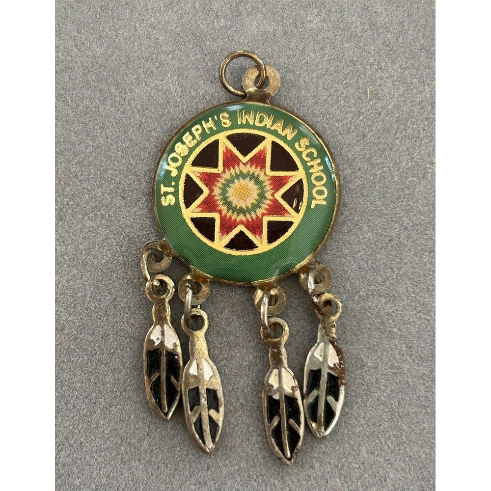 St. Joseph Indian School Vintage Dream Catcher Feather Dangle Enamel Pendant